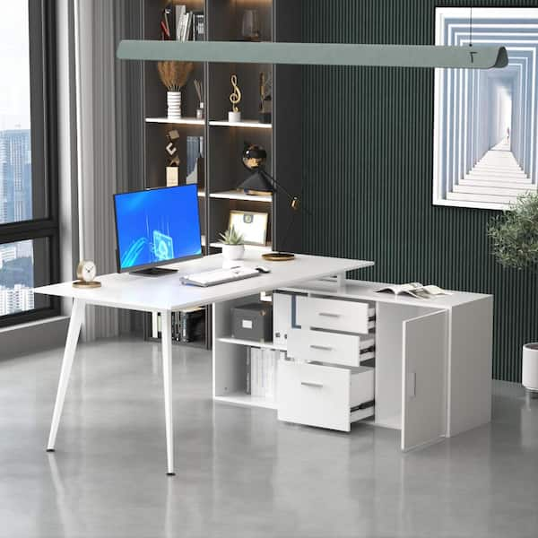 FUFU&GAGA 55.1 in. W x 43.3 in. H White MDF Computer Desk with a Desktop 3- Storage Shelves 1-Drawer and 1-Cabinet DRF-KF250003-01-dd - The Home Depot