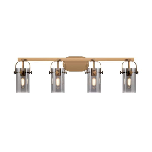 Pilaster II Cylinder 34.88 in. 4-Light Brushed Brass Vanity Light with Black Glass Shade