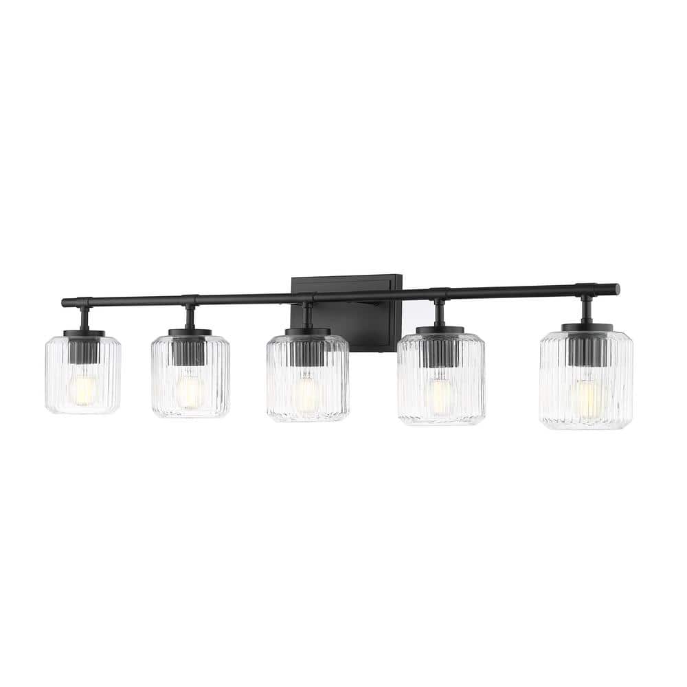 Landon 42.5 in. 5 Light Matte Black Vanity Light with Clear Ribbed Glass Sh