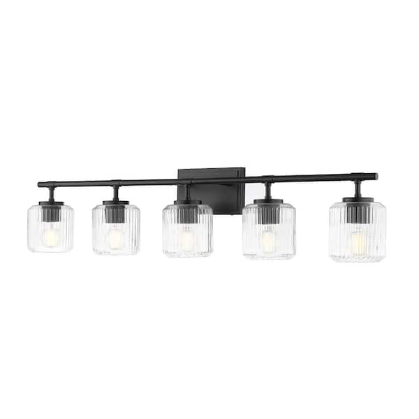 Unbranded Landon 42.5 in. 5 Light Matte Black Vanity Light with Clear Ribbed Glass Shades