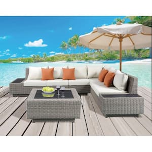 5-Piece Wicker Outdoor Sectional Sofa Set with Beige Cushions, 2 Loveseat, 1 Wedge, 1 Armless Chair and 1 Cocktail Table