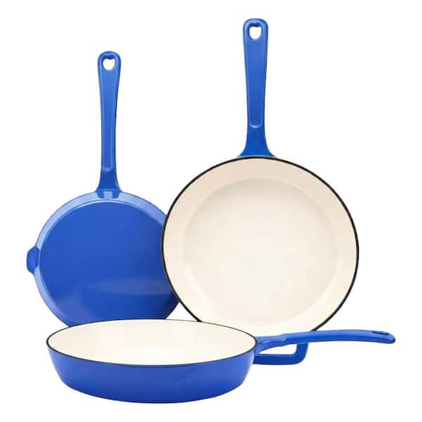 3-Piece Cobalt Blue Enameled Cast Iron Frying Pan Set Ceramic Nonstick Surface Oven Gas Induction Electric Compatible