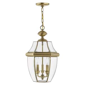 Aston 21 in. 3-Light Antique Brass Dimmable Outdoor Pendant Light with Clear Beveled Glass and No Bulbs Included
