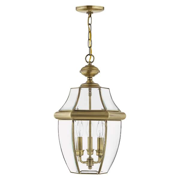 AVIANCE LIGHTING Aston 21 in. 3-Light Antique Brass Dimmable Outdoor Pendant Light with Clear Beveled Glass and No Bulbs Included