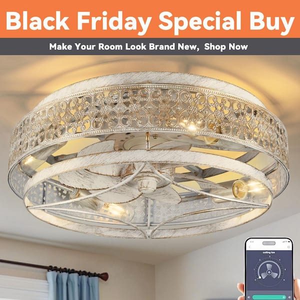 Ltemziiy 18 in. Indoor White Caged Ceiling Fans with Lights and Remote, Flush Mount Ceiling Fan with APP Control for Bedroom