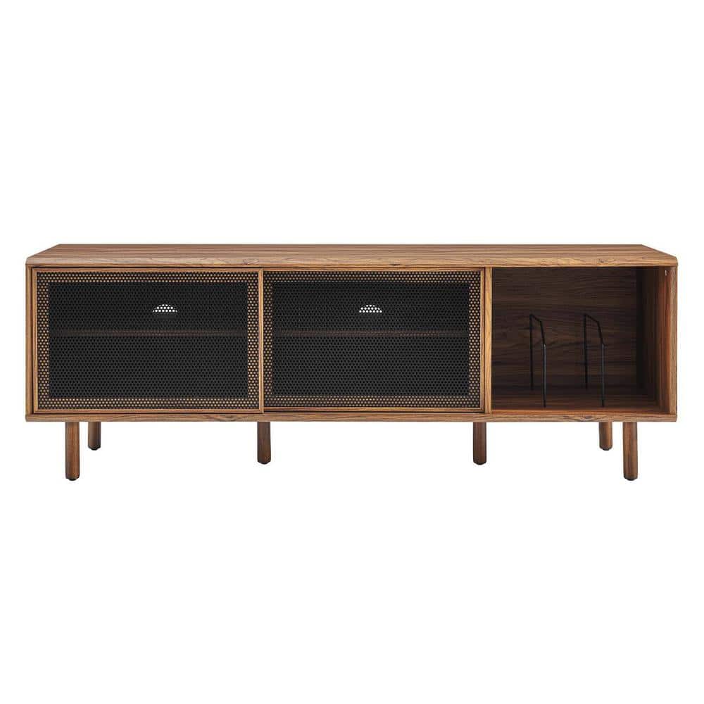 Walnut 67" TV and Vinyl Record Stand with Metal Mesh Doors