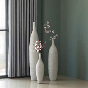 White Ribbed Design, Modern Decorative Bottle Shape Floor Vase (Set of 3)