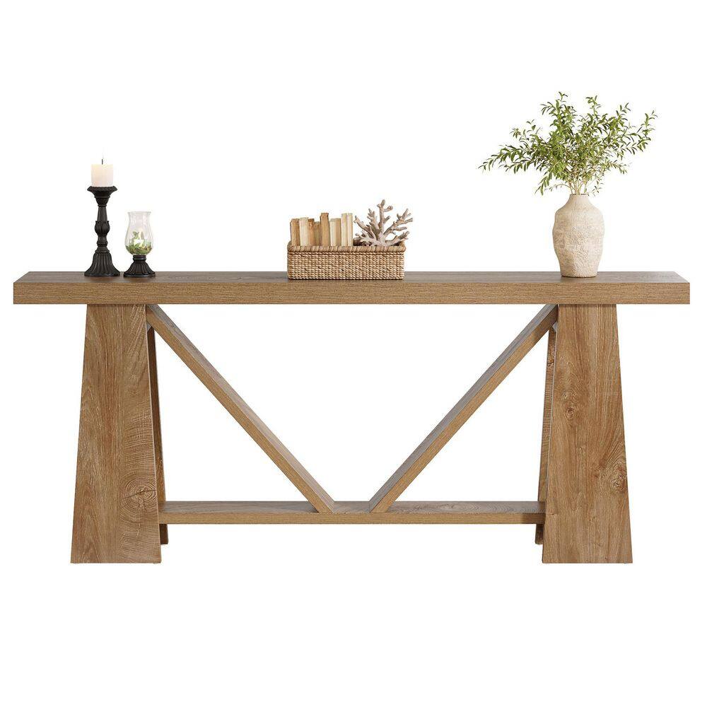 Turrella 71 in. Brown Rectangle Wood Extra Long Console Table 2-Tier Entryway Table Narrow Sofa Table Behind Couch