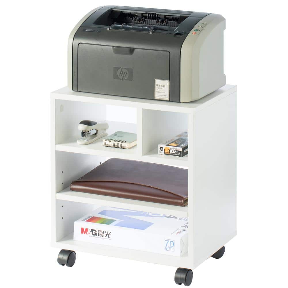 White Wooden Office Storage Printer Stand with Wheels