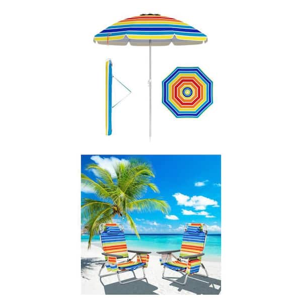 6.5 ft Multicolor Beach Umbrella with Bag and Aluminum Folding Beach Chair with Pillow Combo (2-Pieces)