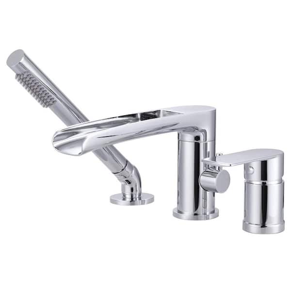 3-Holes Widespread Single-Handle Deck-Mount Brass Waterfall Roman Tub Faucet with Hand Shower in Polished Chrome