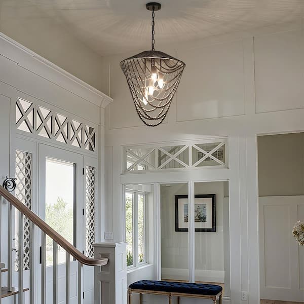 Farmhouse 4-Light Black Natural Wood Beaded Tiered Chandelier with Rattan Accents