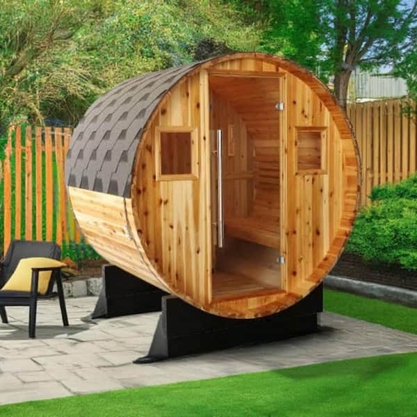 Aurora 2-4 Person Indoor or Outdoor Cedar Wet/Dry Barrel Sauna with 6 kW Harvia Electric Heater and Shingled Roof