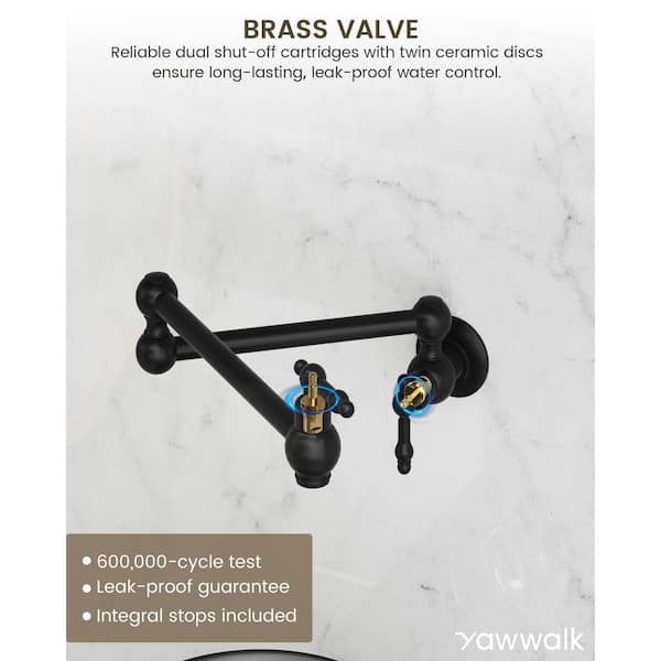 Wall‑Mounted Pot Filler Faucet with Dual Handles, 360° Swivel Foldable Spout, 1.8 GPM in Matte Black