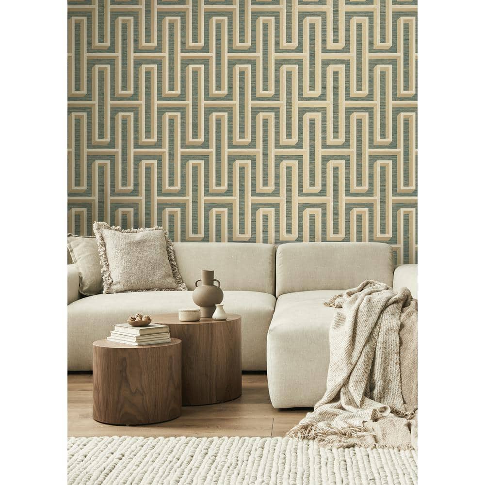 Teal and Beige Geometric Grasscloth Wallpaper Double Roll