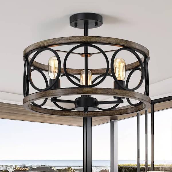 bessten Achilles 18 in. 3 Light Matte Black Flush Mount with Drum Chandelier