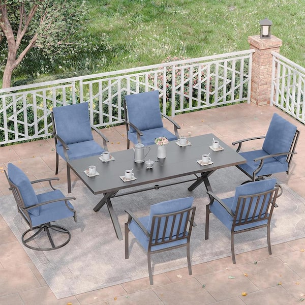 7-Piece Metal Patio Outdoor Dining Set with 2 Swivel Chairs, 4 Chairs, Large Table, Umbrella Hole and Navy Cushions