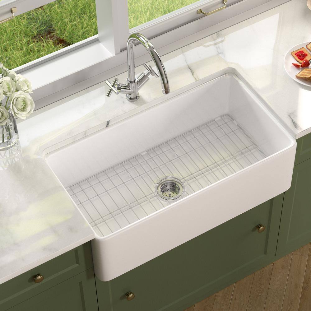 White Fireclay 33" Farmhouse Apron Front Single Bowl Kitchen Sink