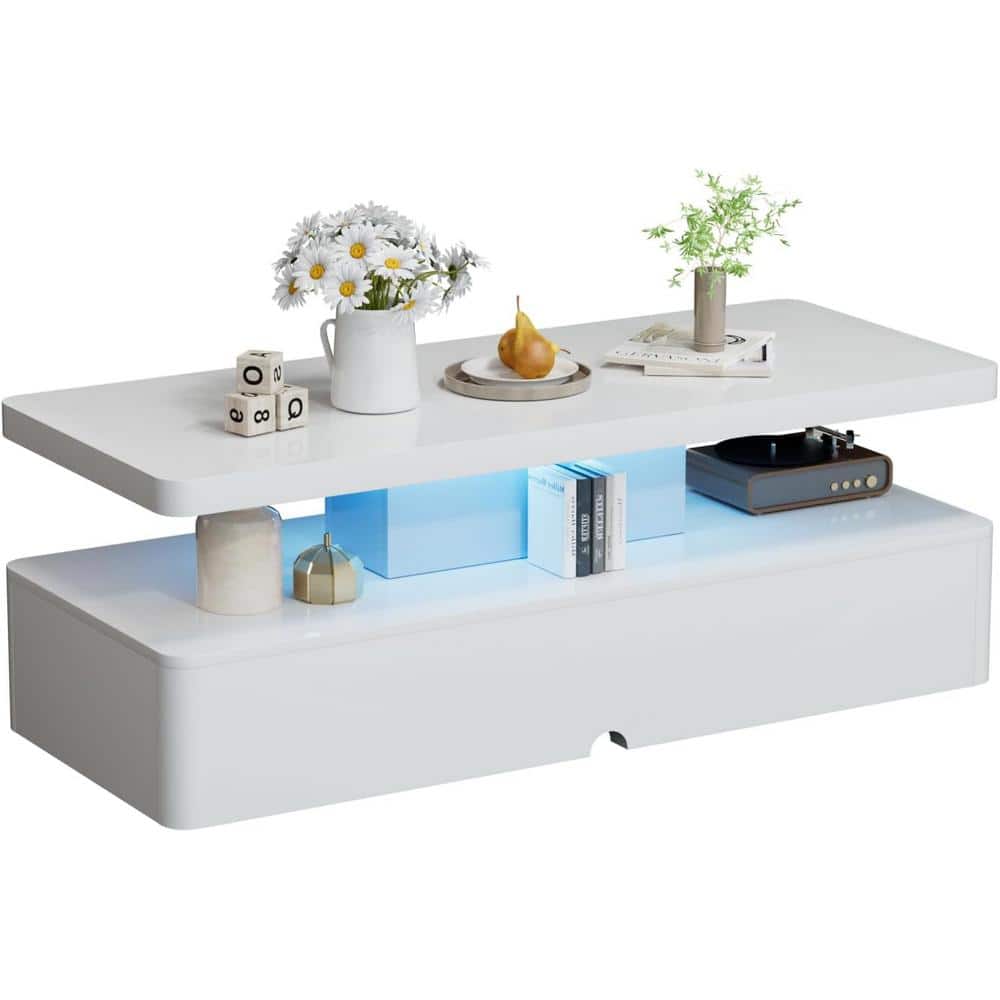 White High Gloss Acrylic Coffee Table with LED Lights and Storage