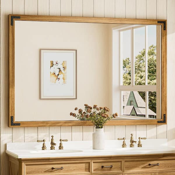 55 in. W x 36 in. H Rectangular Rustic Wood Framed Mirror Farmhouse Bathroom Vanity Mirror Over Sink in Natural Wood