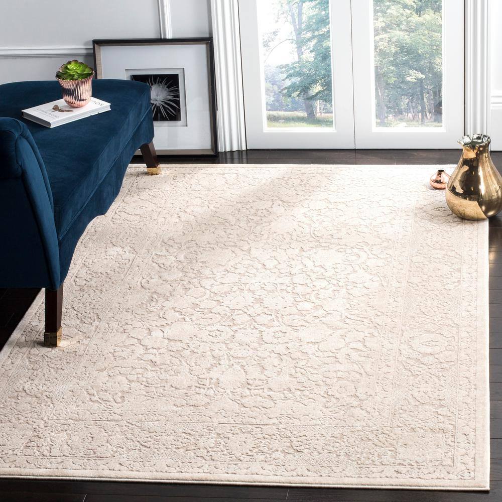 Elegant Floral Etched Beige/Cream 8' x 10' Synthetic Area Rug