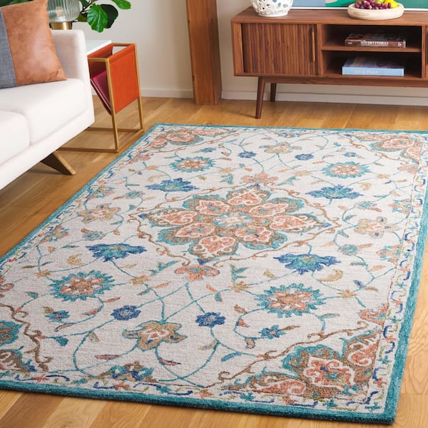 Blossom 3 ft. x 5 ft. Beige/Blue Floral Border Area Rug