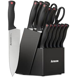 15Pcs Stainless Steel German Knife Set with Wooden Block and Knife Sharpener in Black