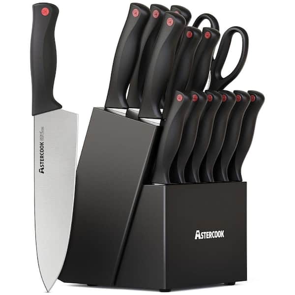 Adrinfly 15-Piece Stainless Steel German Knife Set with Wooden Block and Knife Sharpener in Black