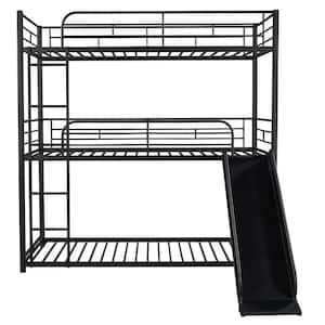 Black Metal Twin Triple Bunk Bed with Built-in Long Ladder and Slide