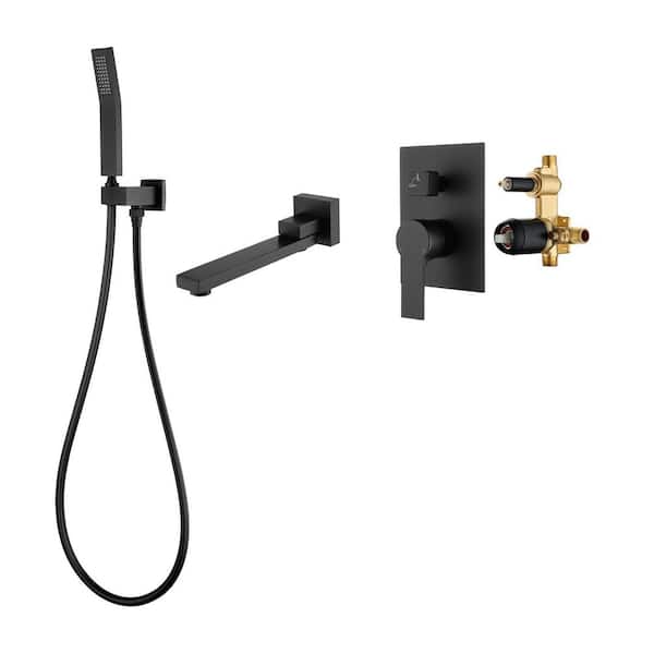 Single-Handle Wall Mount 1.8 GPM Roman Tub Faucet with 7-Spray Hand Shower Brass Bathtub Fillers in Matte Black