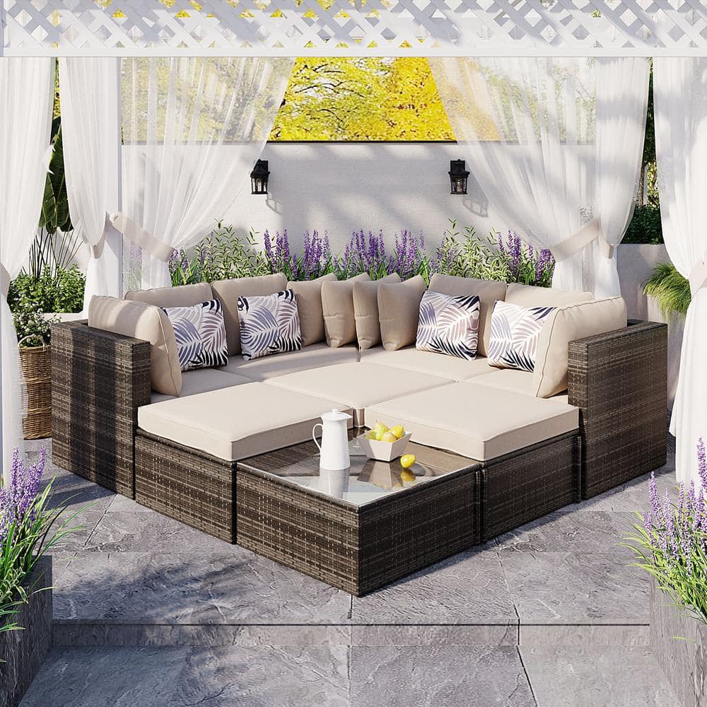 8 Piece Wicker Outdoor Sofa Set Rattan Sofa Lounger with Colorful Pillows for Patio Garden Beige Cushions