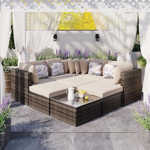 8 piece wicker outdoor sofa set, rattan sofa lounger with colorful pillows for patio garden beige cushions