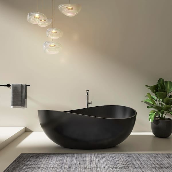 63 in. x 37.4 in. Solid Surface Freestanding Soaking Bathtub in Black
