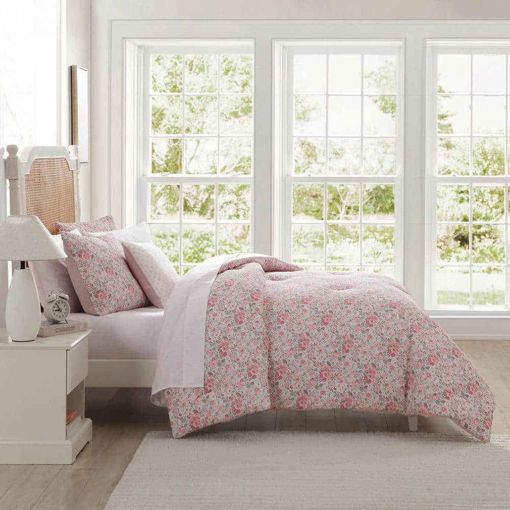 Twin Pink Microfiber Reversible Floral Bed in a Bag Set