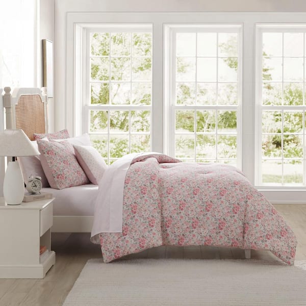 Laura Ashley Quartet 8-Piece Pink/Green Microfiber King Bed