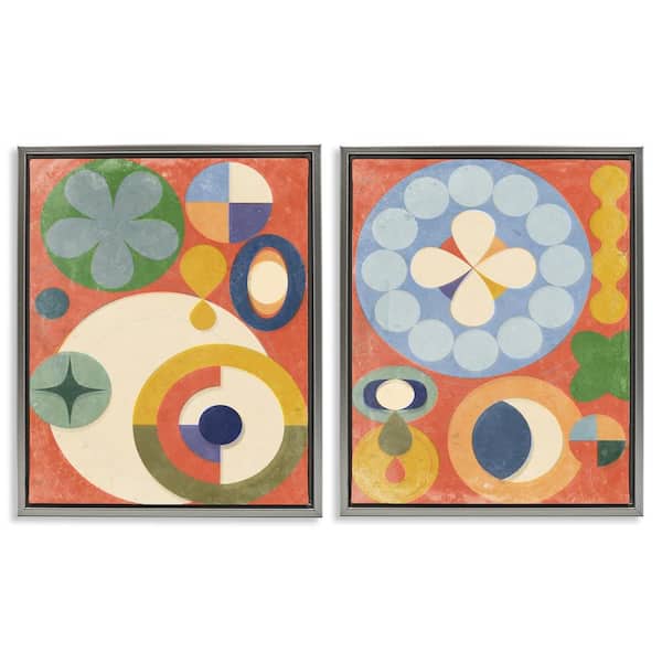 Stupell Industries Retro Mixed Boho Shapes by Victoria Barnes 2 Pieces Gray Floater Frame Abstract Graphic Art Print 21 in. x 17 in.
