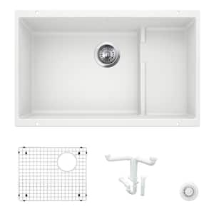 Precis 28.75 in. Undermount Single Bowl White Granite Composite Kitchen Sink Kit with Accessories