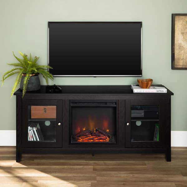 Walker Edison Furniture Company Traditional 58 in. Black TV Stand fits TV up to 65 in. with Glass Doors and Electric Fireplace