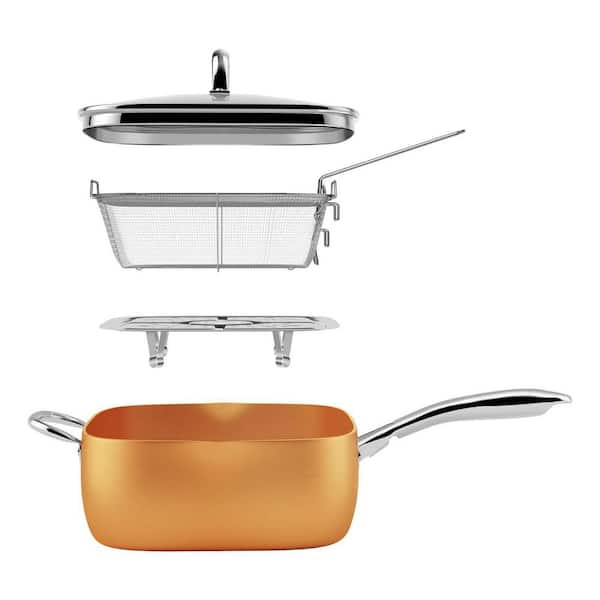 4-Piece Copper Finish Ceramic Nonstick Deep Square Fry Pan Set with Glass Lid, Fry Basket, Steamer Rack, Induction Safe