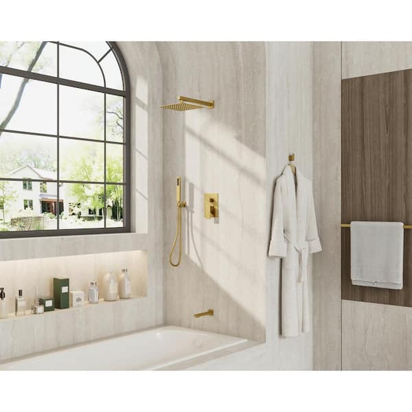 3-Spray 10 in. Wall Mount Dual Shower Head and Handheld Shower Tub Shower Set in Brushed Gold (Valve Included)