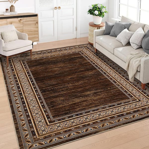 Bordered Red‑Brown 9 ft. x 12 ft. Washable Area Rug, Low‑Pile Non‑Slip Stain‑Resistant Carpet for Living Room, Bedroom