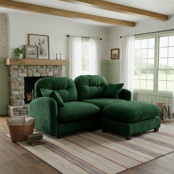 PMOB 74 in. Round Arm 3-piece Chenille Rectangle Tufted Backrest with Ottoman Sectional Sofa in Emerald Green
