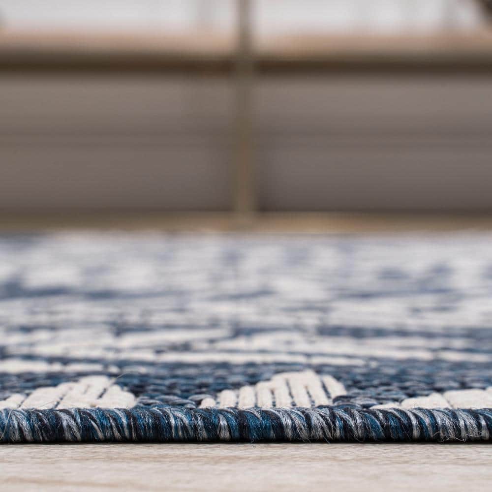 Ivory Navy Palm Frond 5' Square Reversible Outdoor Rug