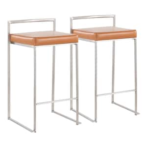 Fuji 31 in. Camel Faux Leather and Stainless Steel Counter Height Bar Stool (Set of 2)