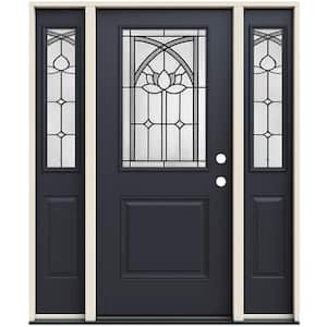 36 in. x 80 in. Left-Hand/Inswing 1/2 Lite Ardsley Decorative Glass Black Steel Prehung Front Door with Sidelites