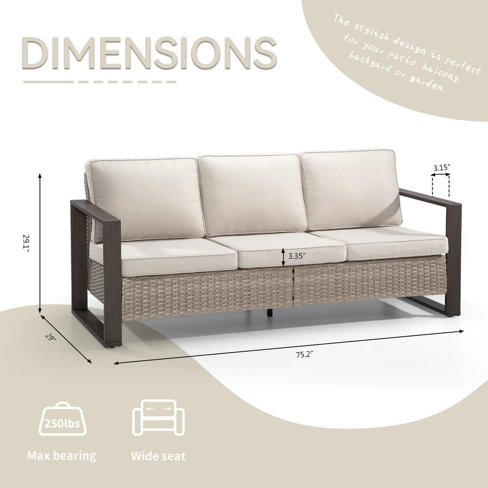 Beige 3-Seat Patio Wicker Sofa with Removable Cushions