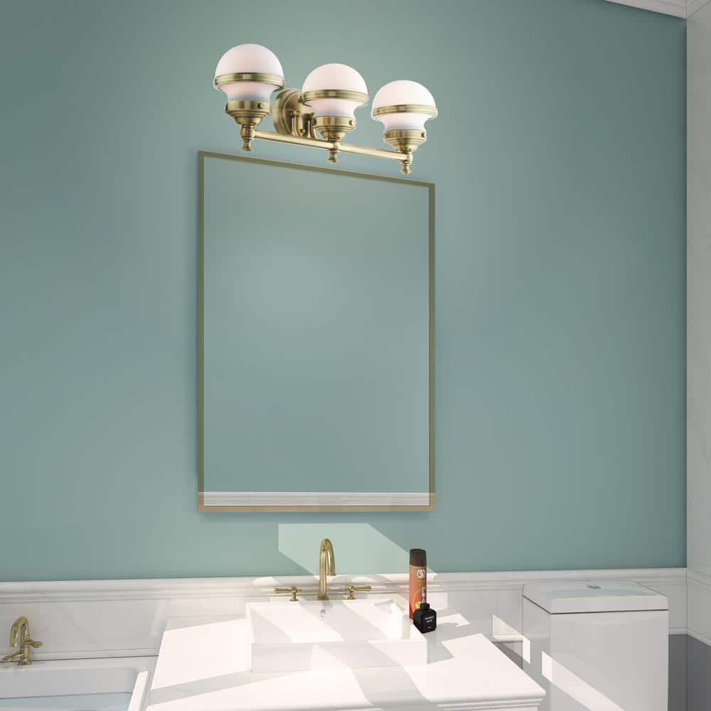 Antique Brass 3-Light Vanity with Hand Blown Satin Opal White Glass