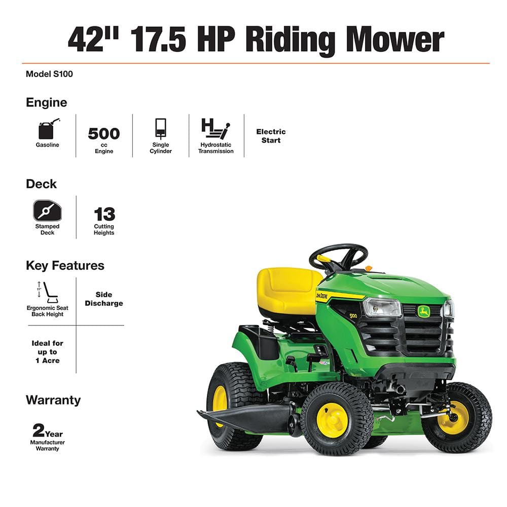 John Deere S100 42 in. 17.5 HP Gas Hydrostatic Riding Lawn Tractor – eX ...