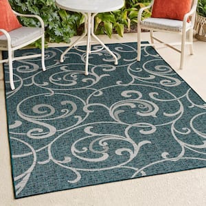 Maribel Traditional Classic All-Over Scroll Turquoise/Cream 3 ft. x 5 ft. Indoor/Outdoor Area Rug