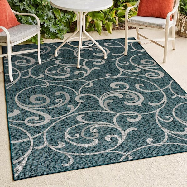 Maribel Traditional Classic All-Over Scroll Turquoise/Cream 4 ft. x 6 ft. Indoor/Outdoor Area Rug
